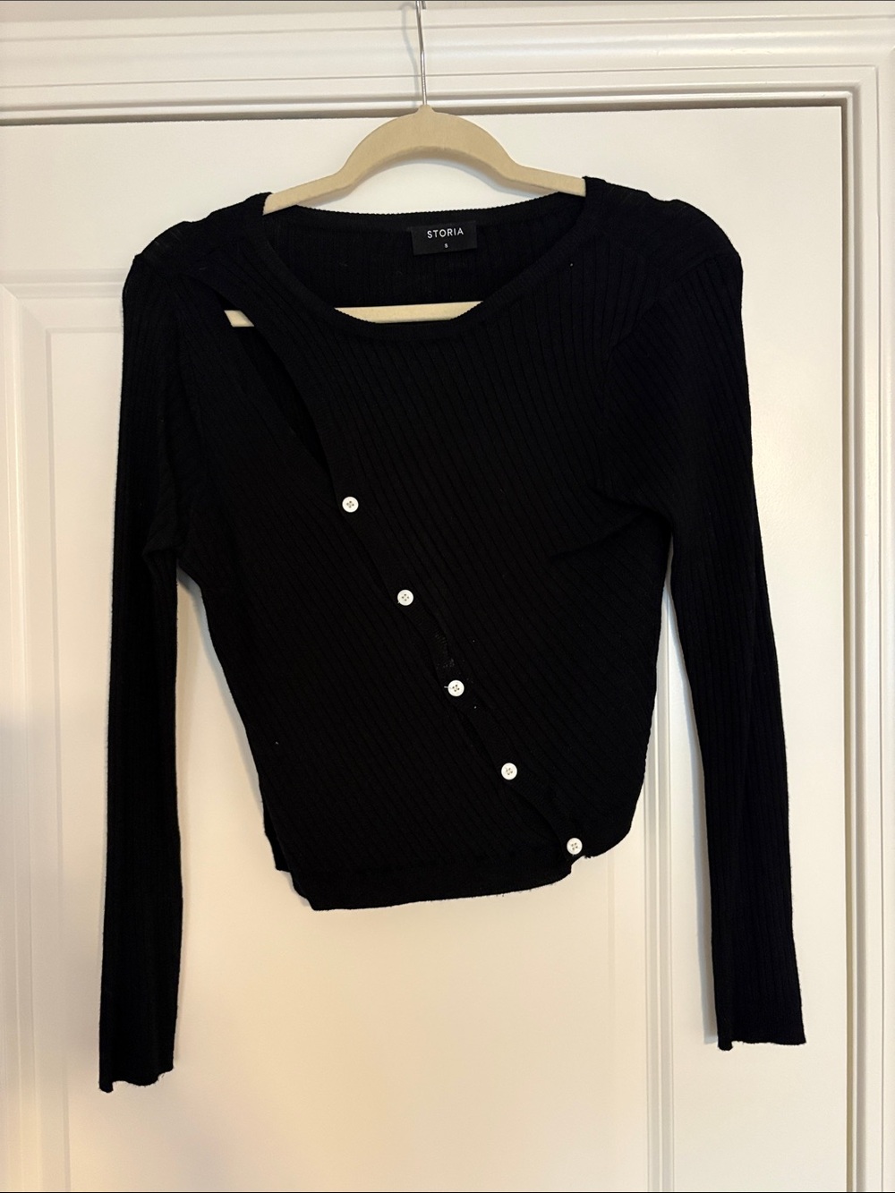 Storia Black Ribbed Asymmetric Button-Accent Long Sleeve Top